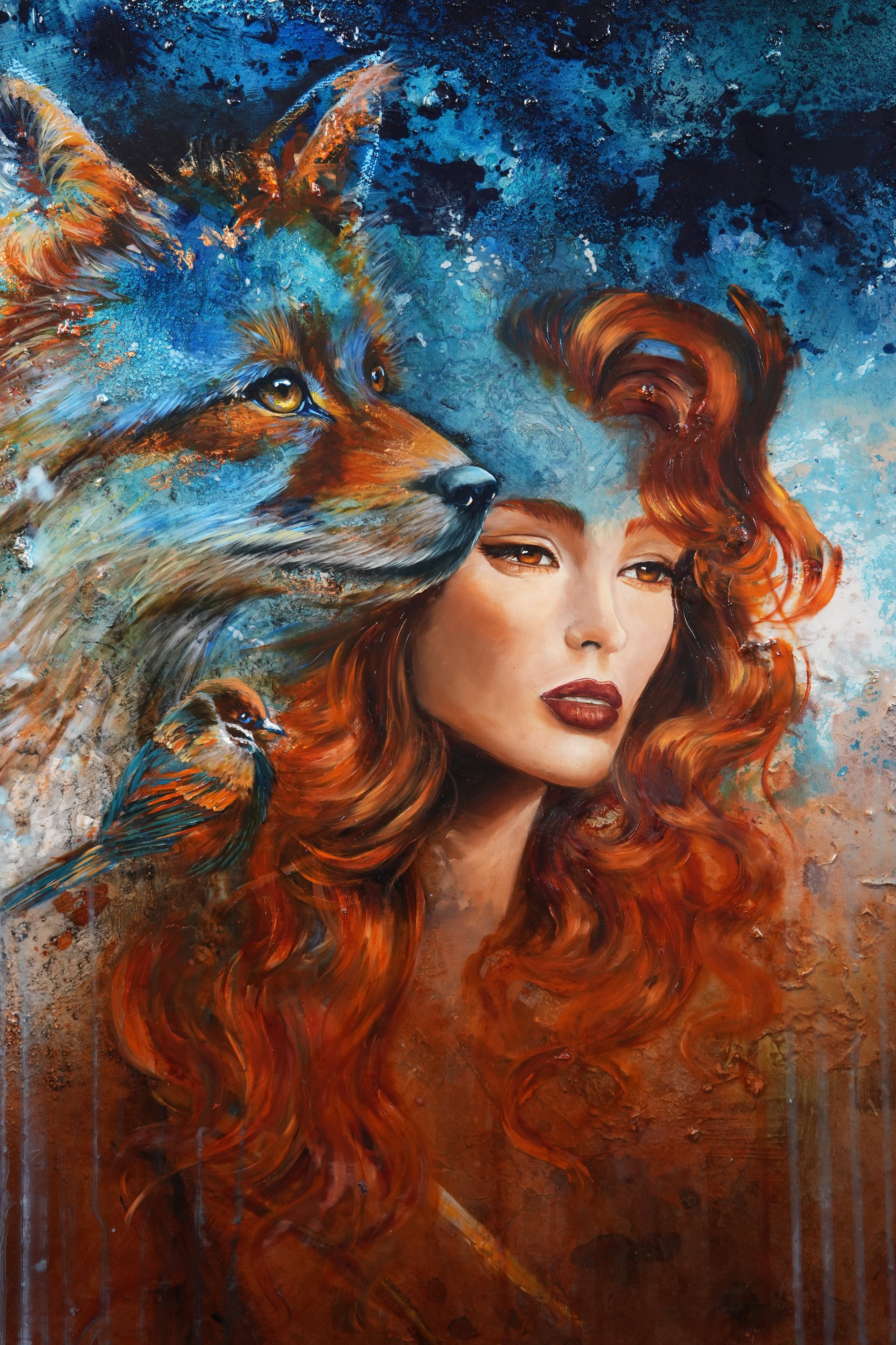Original painting on canvas  "Fox & Feather" 60x80cm