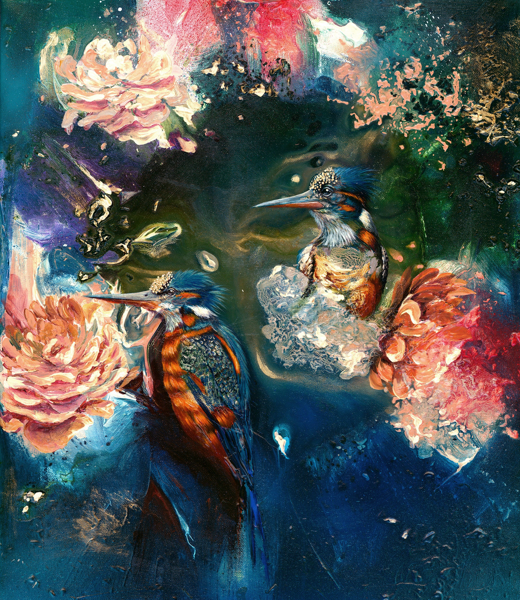 Original painting ‘Ruffle the Feathers’ 50.1x61cm, vibrant kingfisher birds by Olga Zane, United Kingdom